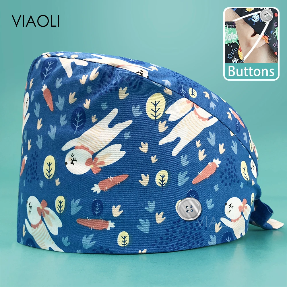 

Unisex Scrubs Cap with Button Tooth Pattern Animal Cartoon Printing Protect Your Oral Scrub Caps Beauty Salon Pet Work Lab Hats