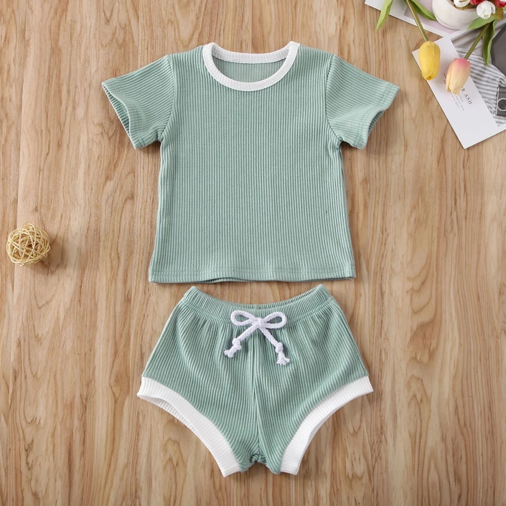 

2021 Baby Summer Clothing Infant Baby Girl Boy Clothes Short Sleeve Tops T-shirt+Shorts Pants Ribbed Solid Outfits 0-3T