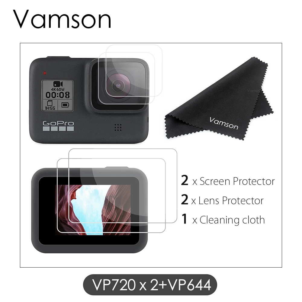 VP720 x2-VP644 Vamson для Gopro Hero 8 черная защитная пленка из закаленного стекла объектив+ экран камеры ЖК-экран Защитная пленка VP720 - Цвет: VP720 x2-VP644