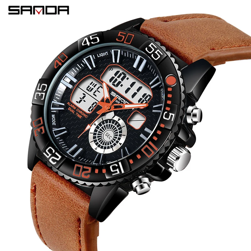 

SANDA Luxury Brand Men Analog Digital Leather Sports Watches Men's Army Military Watch Man Quartz Clock Relogio Masculino 771
