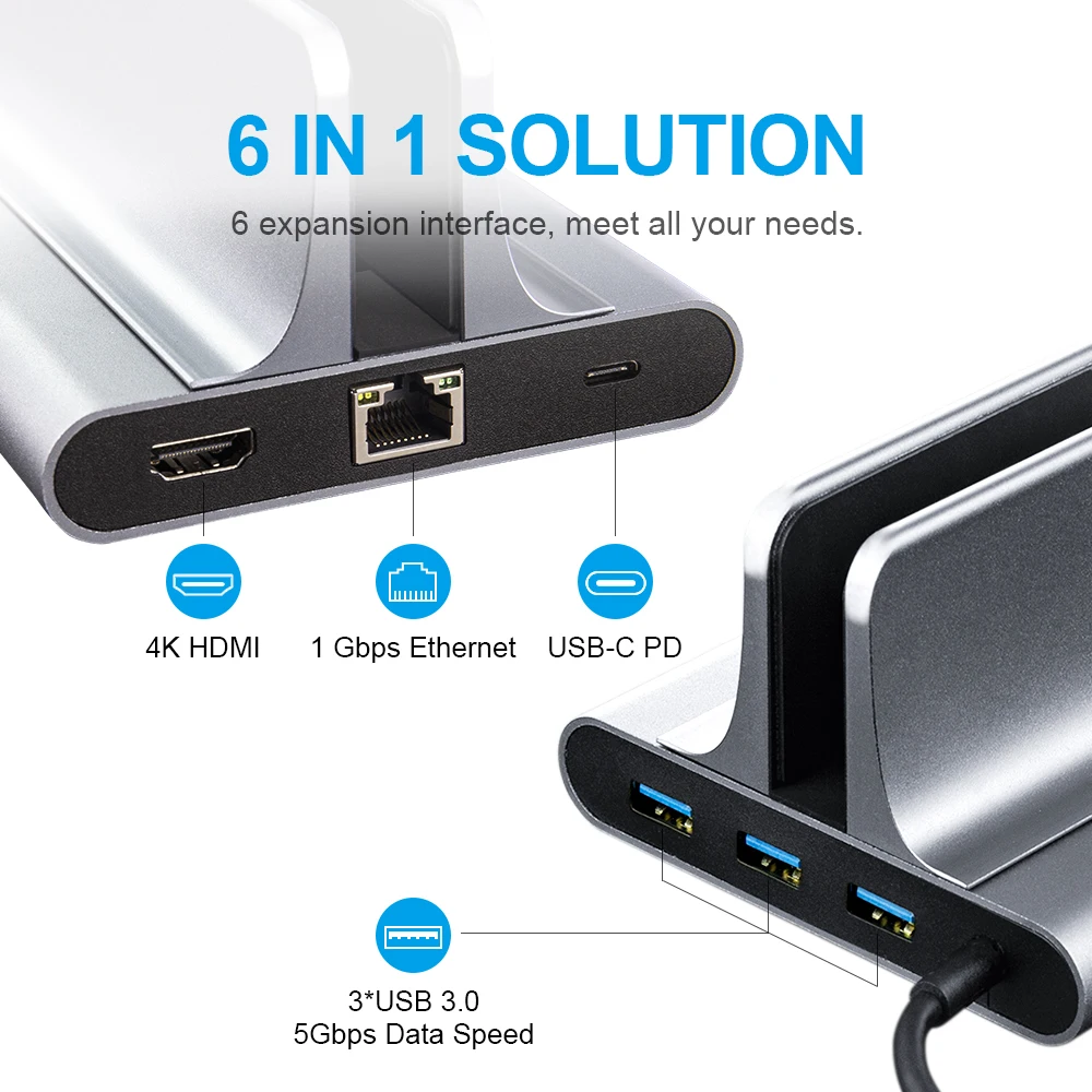 USB C Hub Type C Adapter Vertical Laptop Stand with 6 in 1 Docking Sttation 4K HDMI 3.0 USB Compatible All MacBooks and laptops