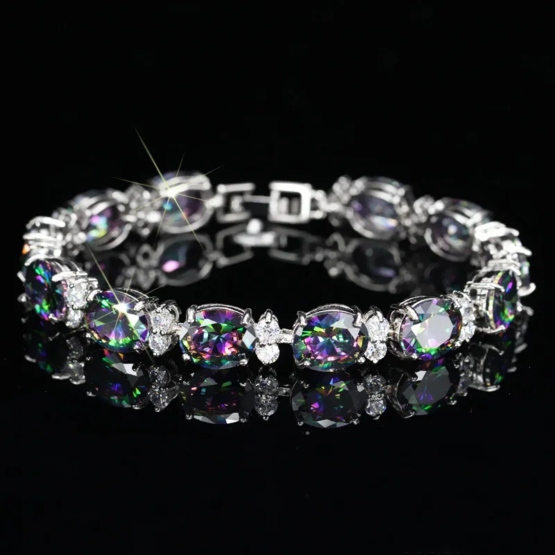 

Jewepisode Luxury Women Bracelet Rainbow Topaz Silver 925 Jewelry Bangle Bracelets for Women Fashion Wedding Fine Jewelry Gifts