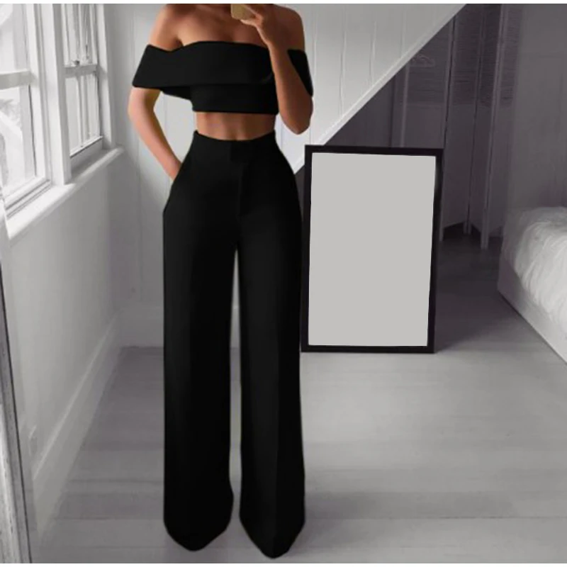 

2021 Fashion Summer Tube Top Bare Navel Two-Piece Sexy Trousers Solid Color Suit Holiday Slim Multicolor Long Wide Leg Pants