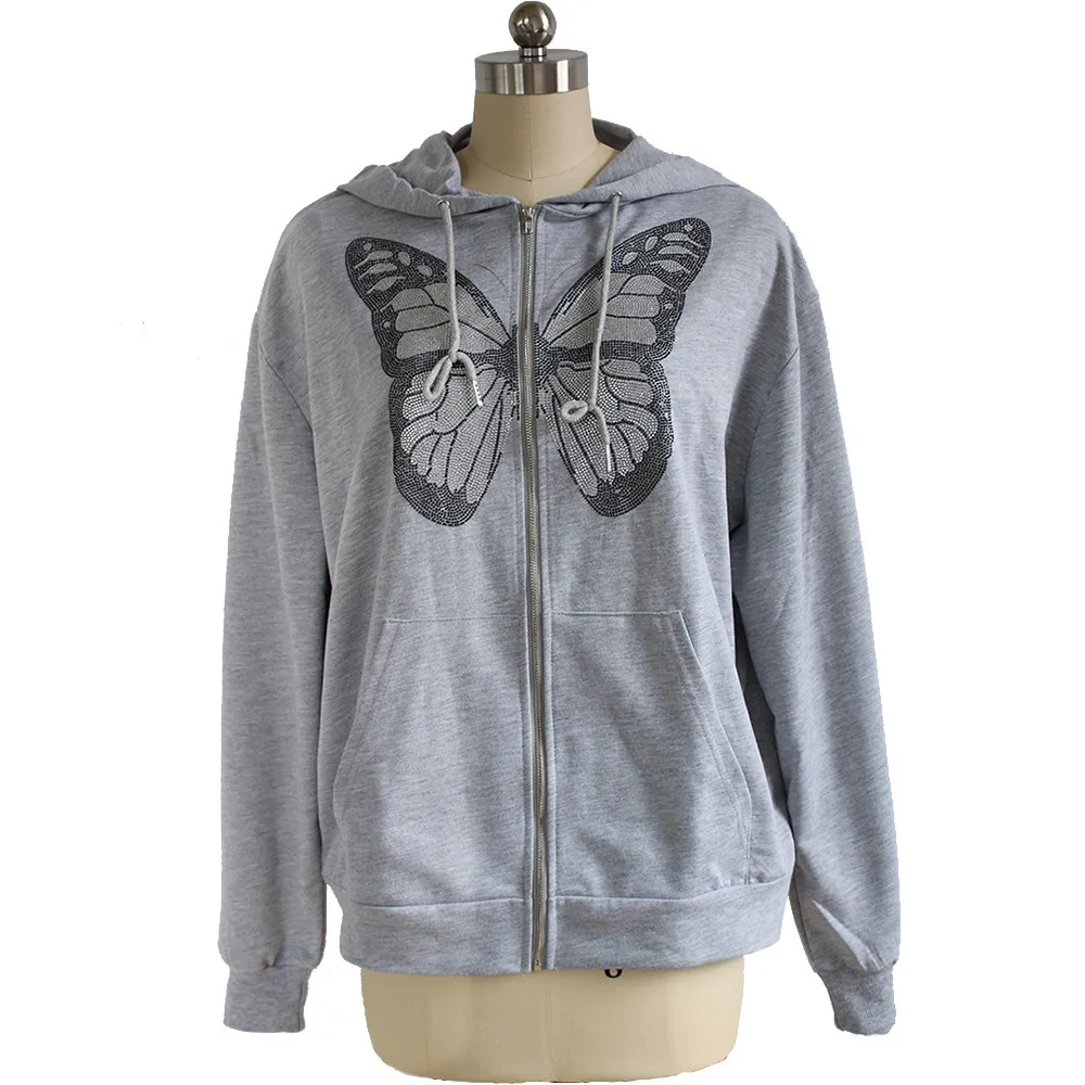 

IAMSURE Butterfly Pattern Zipper Up Casual Loose Hoodies Autumn y2k Fashion Long Sleeve Grey Oversize Sweatshirts For Women