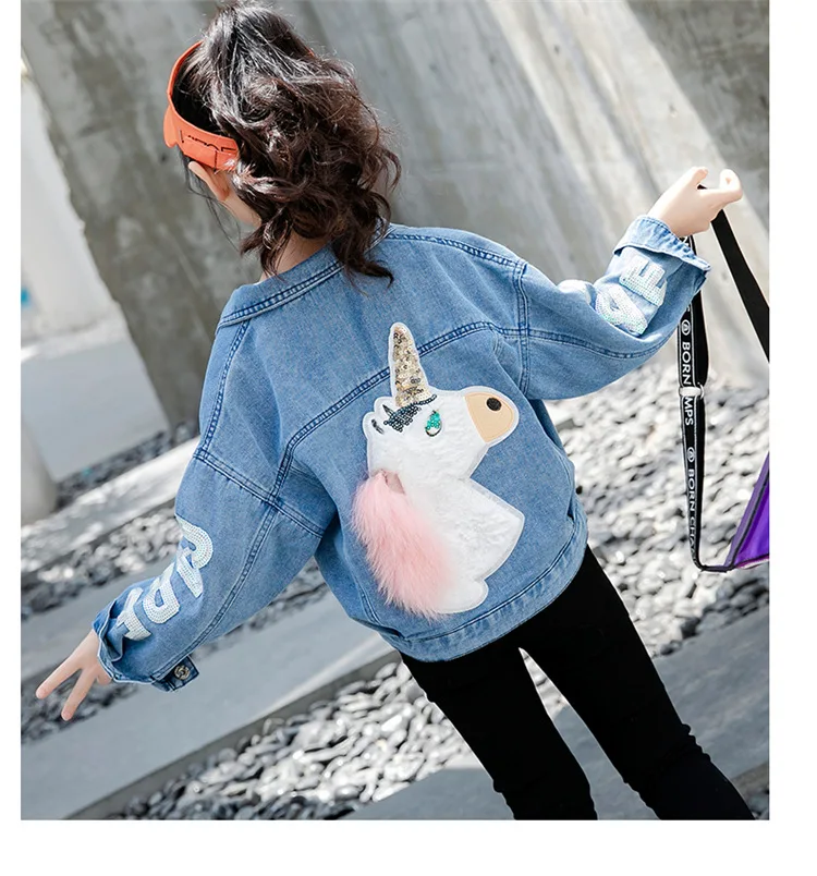 2019 джинсовая куртка с единорогом и блестками пальто для девочек одежда детей