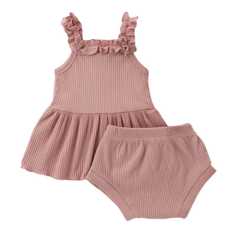 

Summer Baby Girls Clothes Set Sleeveless Solid Ruffled Cotton Leaf Skirt Top +Drawstring Briefs Toddler Infant Costume 2Pcs Suit