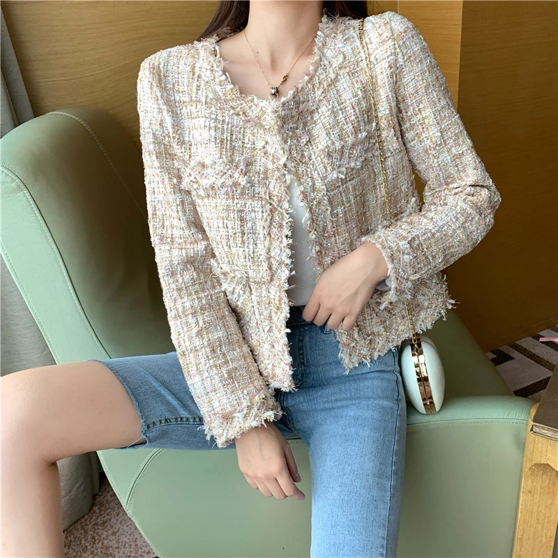 Маленький аромат винтажное твидовое короткое пальто женская Корейская Новинка