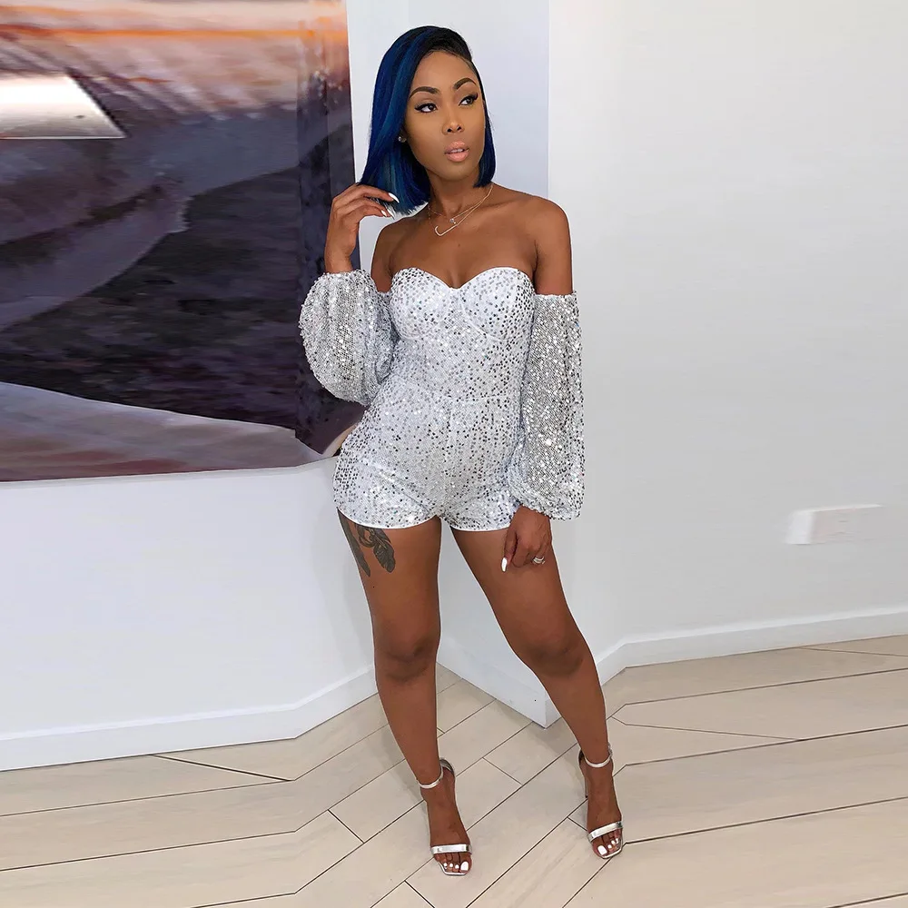 Feditch Off Shoulder Sequined Sexy Jumpsuit Women Club Wear Party Playsuit Gold Elegant Female Glitter Playsuit New Rompers