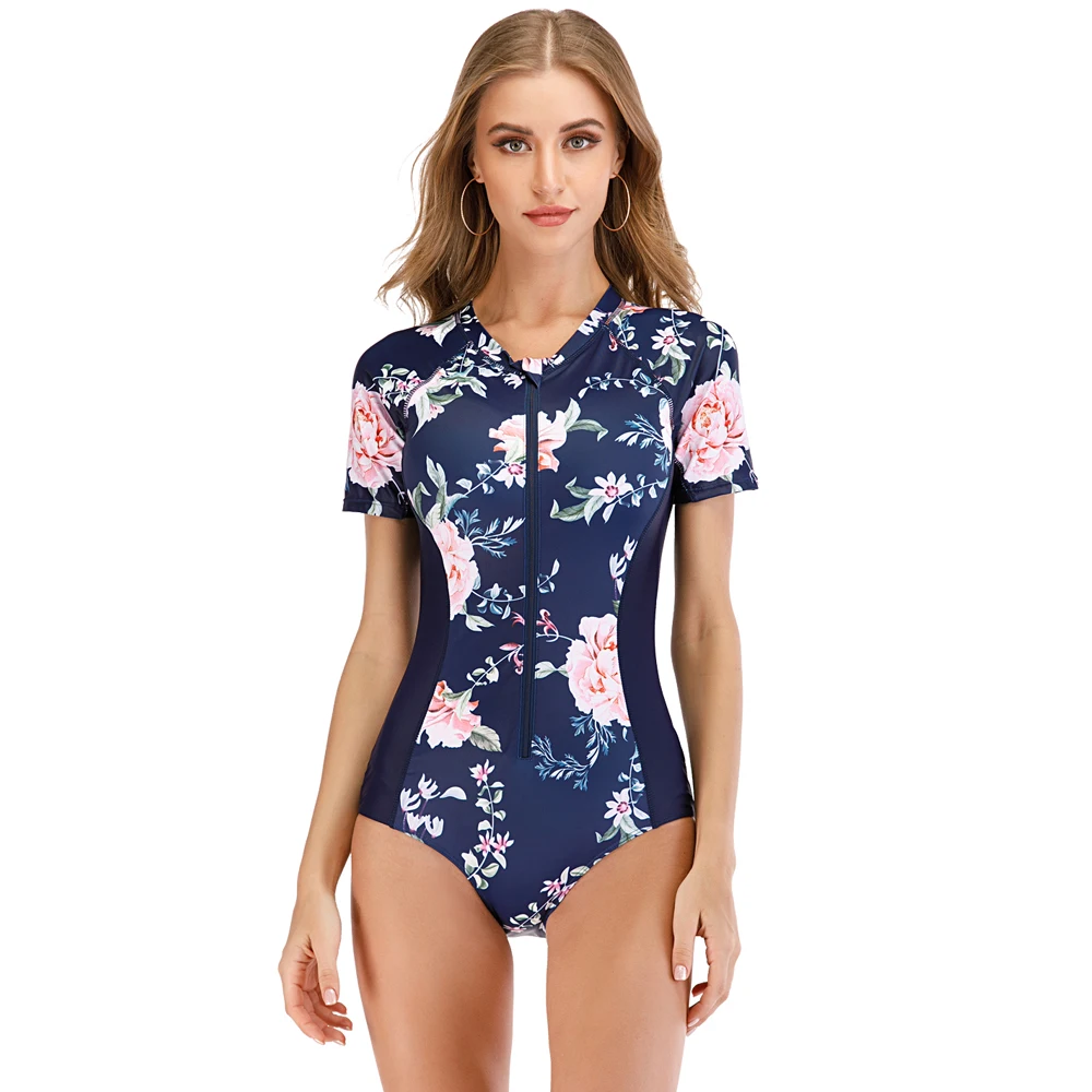 

2022 Diving One Piece Swimsuit Print Short Sleeve Women Sport Swimwear Bathing Suit Rash Guard Surfing Suit Rashguard