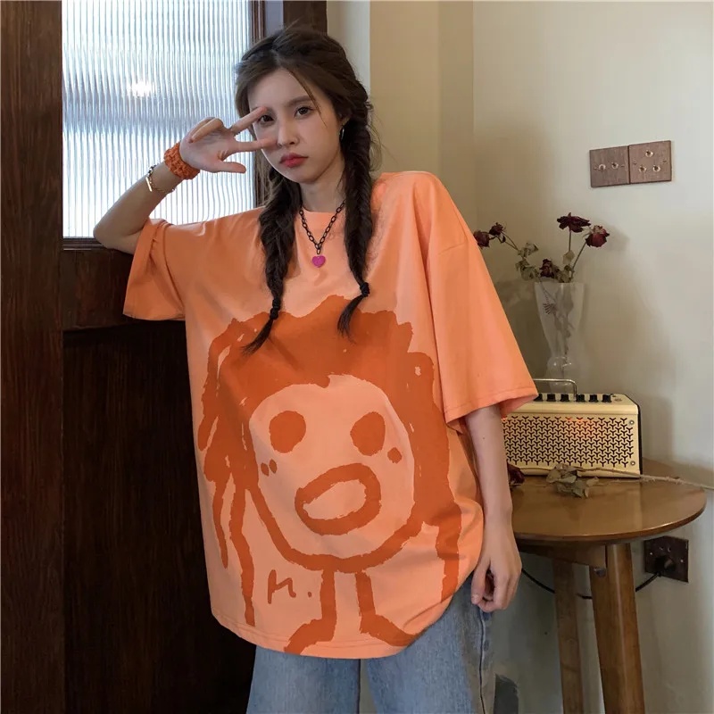 

2021 Hip Hop Summer Women T-shrts Short O-Neck Short Sleeve Casual Tshirts Orange cartoon Women Loose Print Tops Tees Female