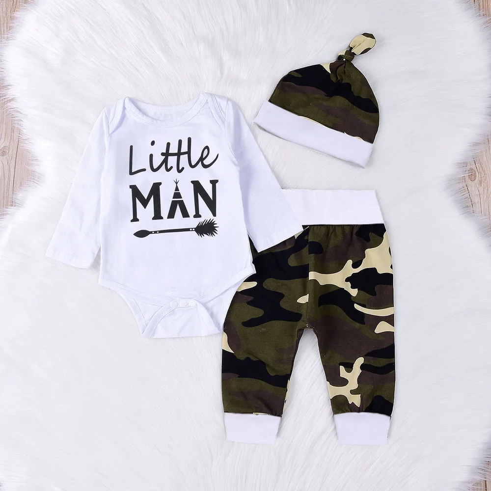 

3pcs Set Romper+trousers+hat Infant Baby Girls Boys Letter Print Romper Jumpsuit Camouflage Pants Outfits Set Casual Street