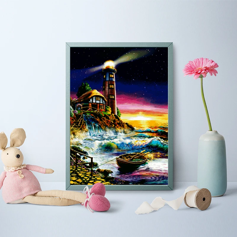 

DIY Diamond Painting Landscape Lighthouse Diamond Embroidery Mosaic Craft Full Round Rhinestone Picture Home Decor Art