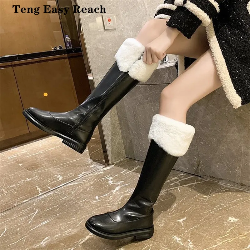 

Autumn Women Boots Fashion Pu Knee Low-heeled Boots Cozy Square High Heel Long Boots Zipper Autumn Winter Woman Shoes Size 35-40