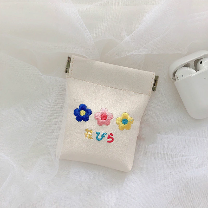 

Headphone Bag Coin Purse Girl Gift Soft PU Key Case Earphone Pocket Embroidery Flower Cute Headphone Bag Girls Gift Cases Hot