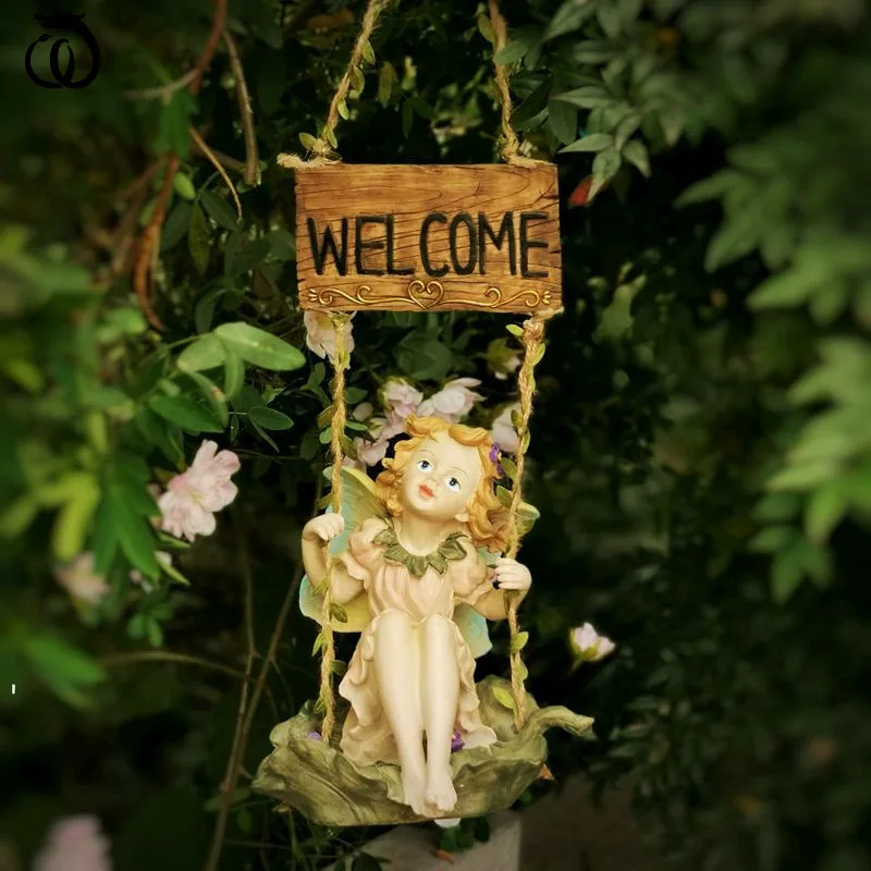 

Garden Flower Angel Girl Arts Sculptures Pendant Villa Outdoor Butterfly Wings Hanging Figurine Resin Craft Courtyard Decoration