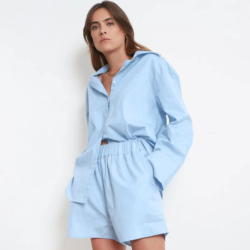 

Summer New Casual Fashion Suit Women Pure Cotton Loose Long-sleeved Shirt Solid Color Shorts Two-piece Suit 2021
