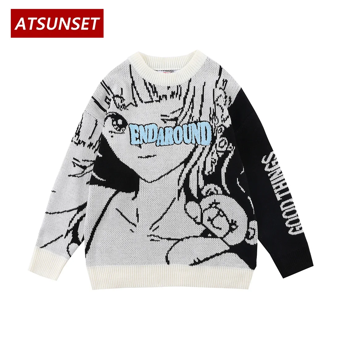 

ATSUNSET Anime Girl Manga Print Simplicity Sweater Hip Hop Streetwear Vintage Style Sweater Harajuku Knitting Pullover Tops