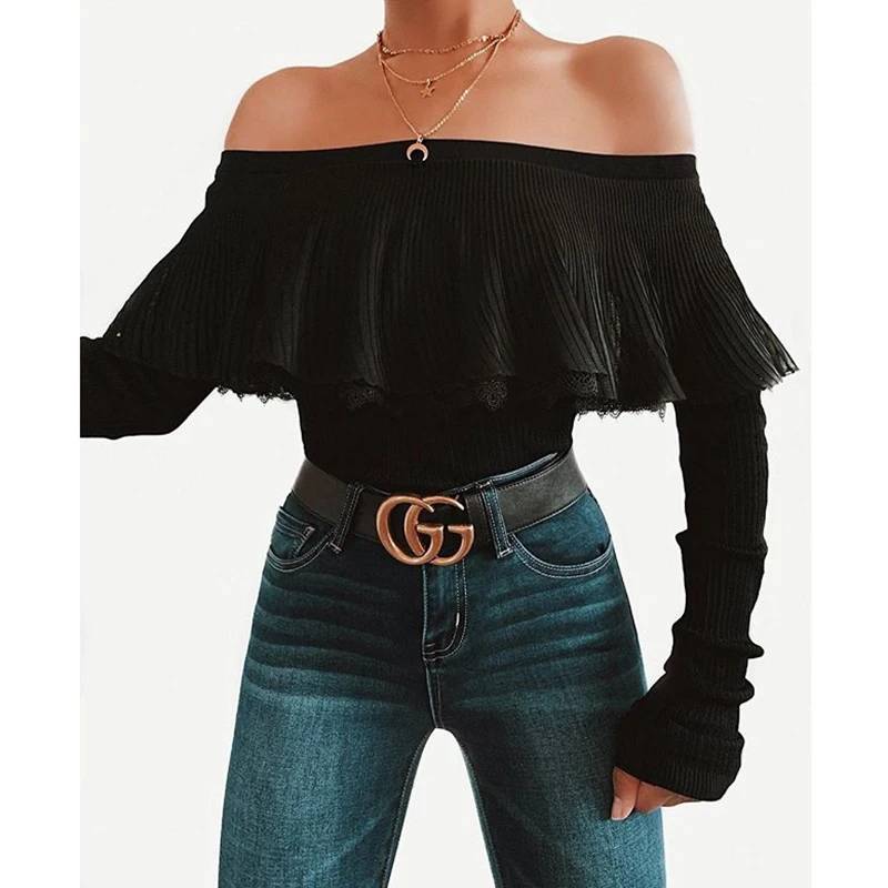 Шифоновый с открытыми плечами вязаный свитер оборками женский длинный рукав
