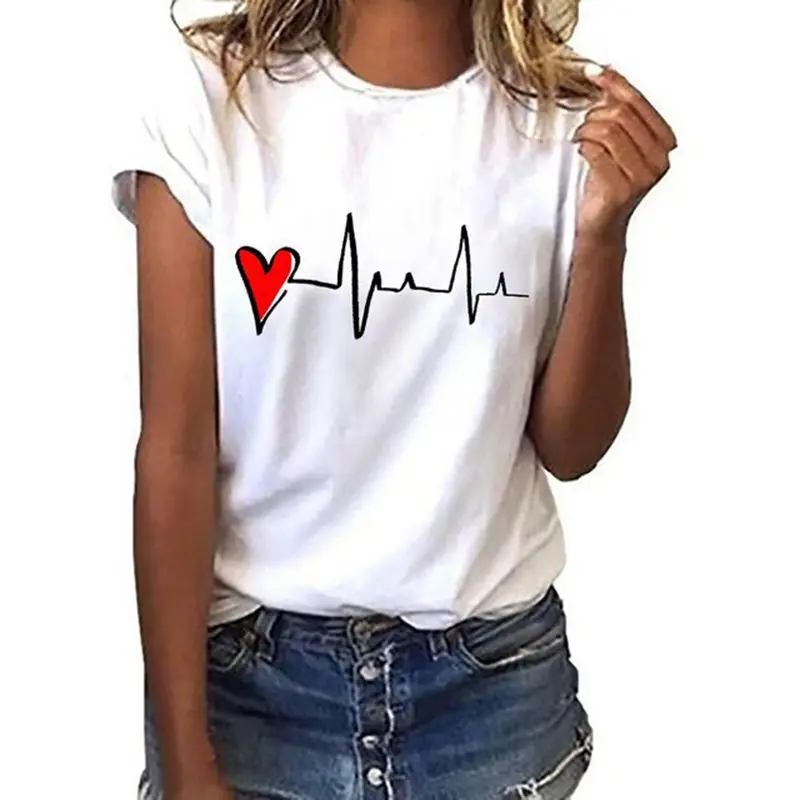 

Summer Women T Shirt Summer New 90s Heart Shaped Printed Ladies Casual Graphic Short Sleeve Oversized Top Tee Shirts Clothing