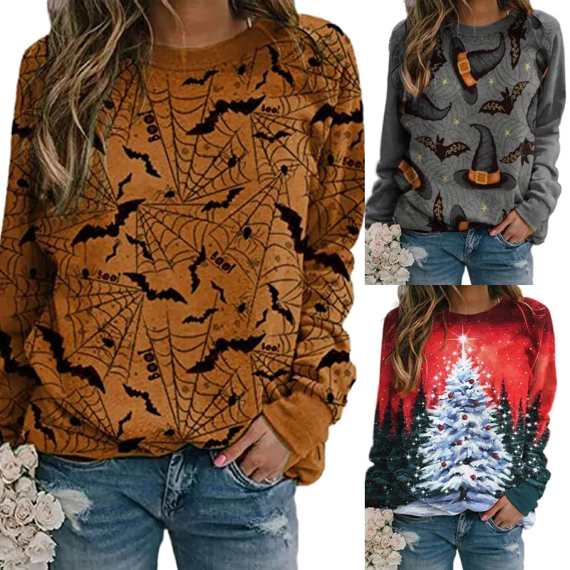 

Halloween Christmas New Women's Loose Long Sleeve O-Neck Pullover Tops Women Autumn Animal Bat Christmas Tree Printing Hoodie
