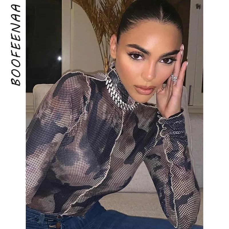 BOOFEENAA сексуальный Камуфляжный сетчатый комбинезон Осень зима топы 2020 Модные