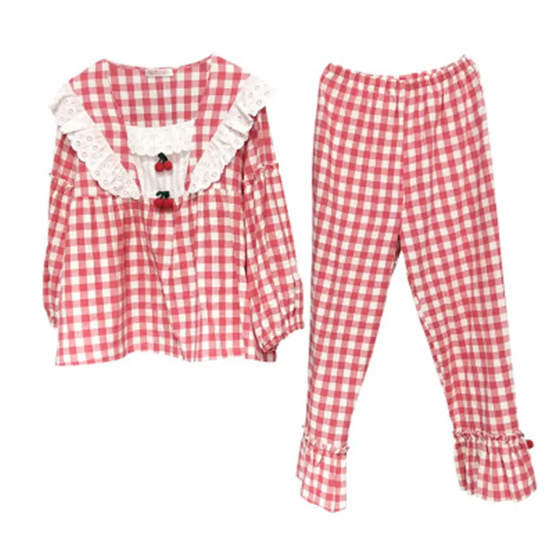 

Plaid Pajamas Set Women Sweet Princess Cute Cotton Pyjamas Sexy Lace Full Sleeve Autumn 2Piece/Set Home Mom Sleepwear