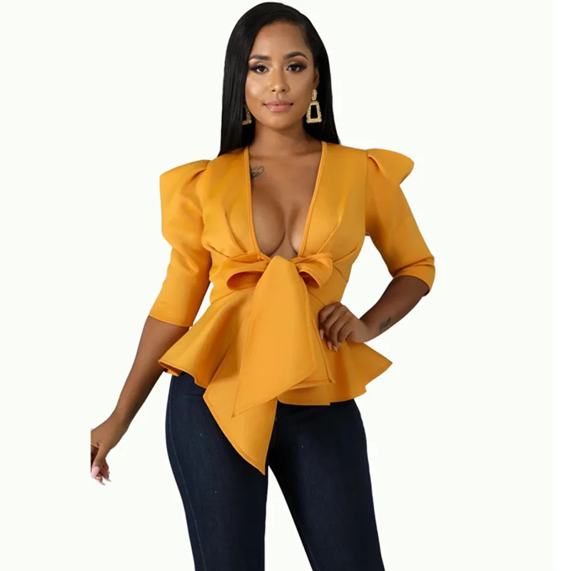 

Elegant Office Womens Tops and Blouses 2020 Women Deep V-neck Half Sleeve Tie Bow Peplum Shirt Blusa Plus Size Blusas Feminina