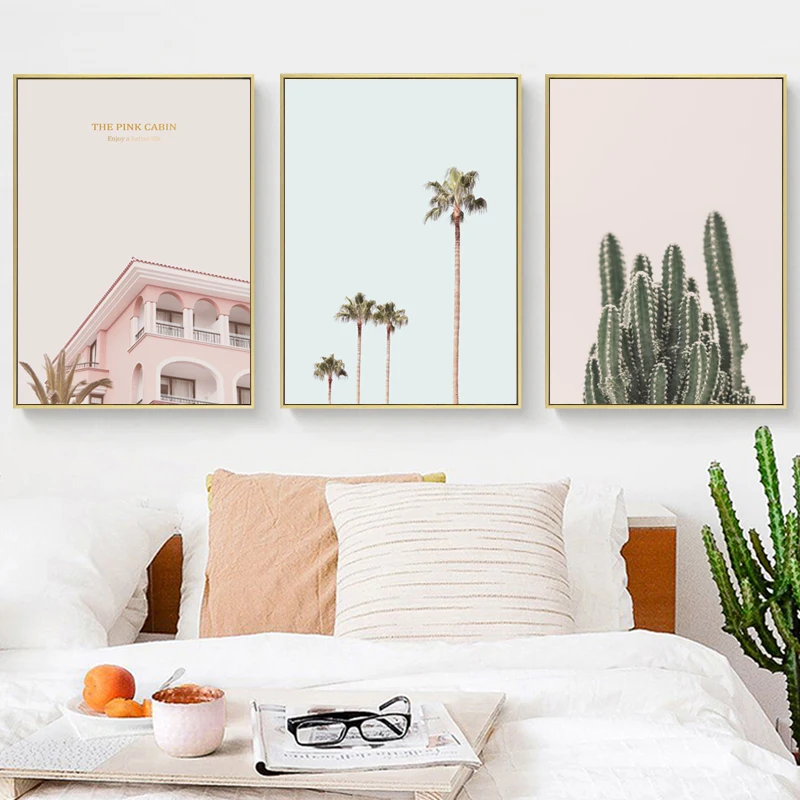 

Nordic Pink Decorative Canvas Painting Seascape Poster and Print for Living Room Architecture Landscape Picture Wall Art Home