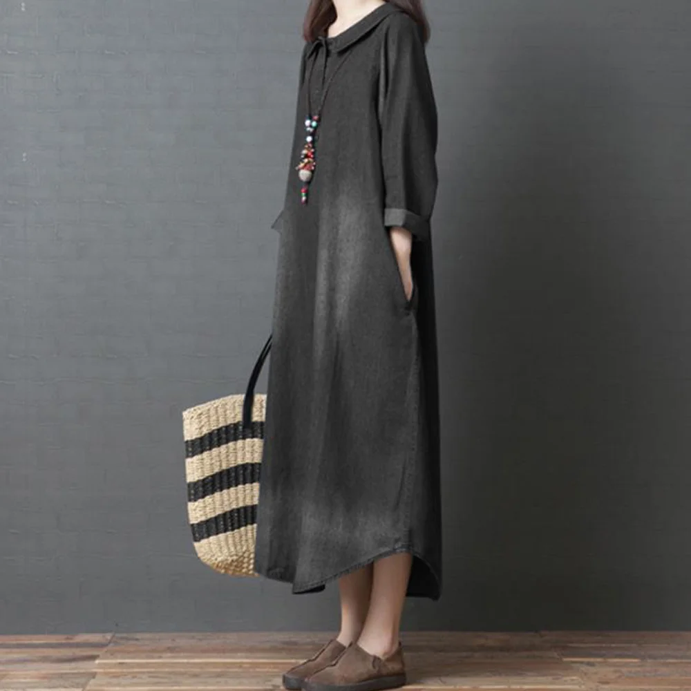

Spring Women Long Shirt Dress Kaftan Long Sleeve Vintage Baggy Casual Denim Pocket Party Loose Maxi Dresses Female Robe Vestidos