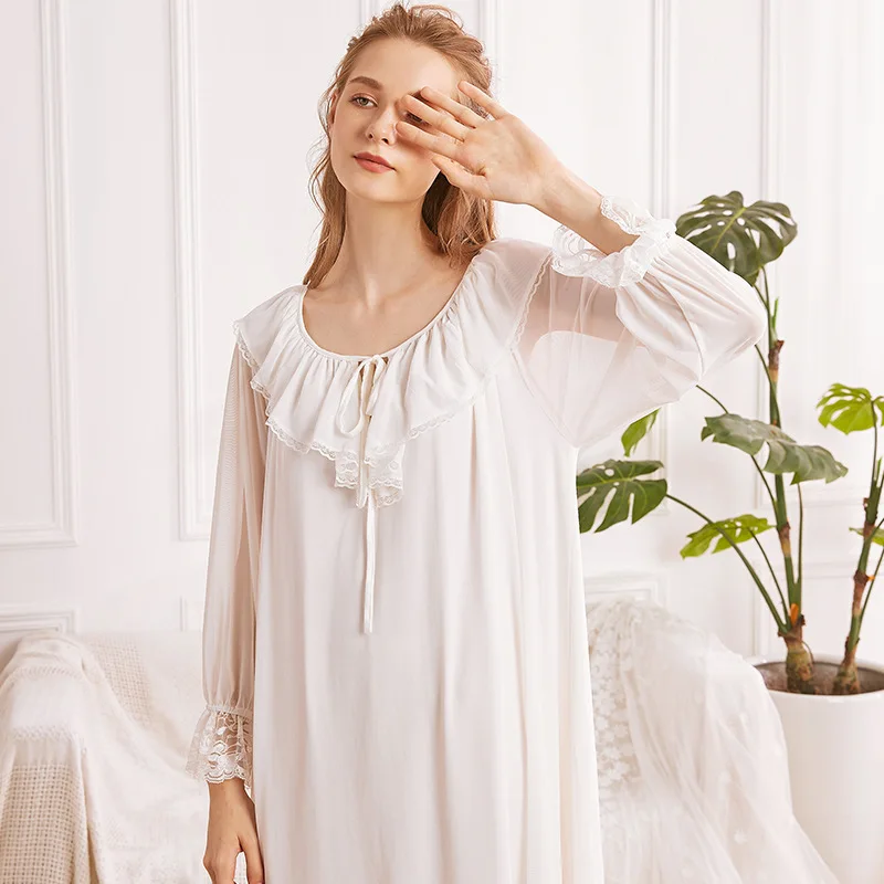 

Soft Mesh Modal Nightgown Palace Style Women Night Dress Sweet Lace Ruffles Sleepwear Nightwear Spring Autumn Lounge Home Dress