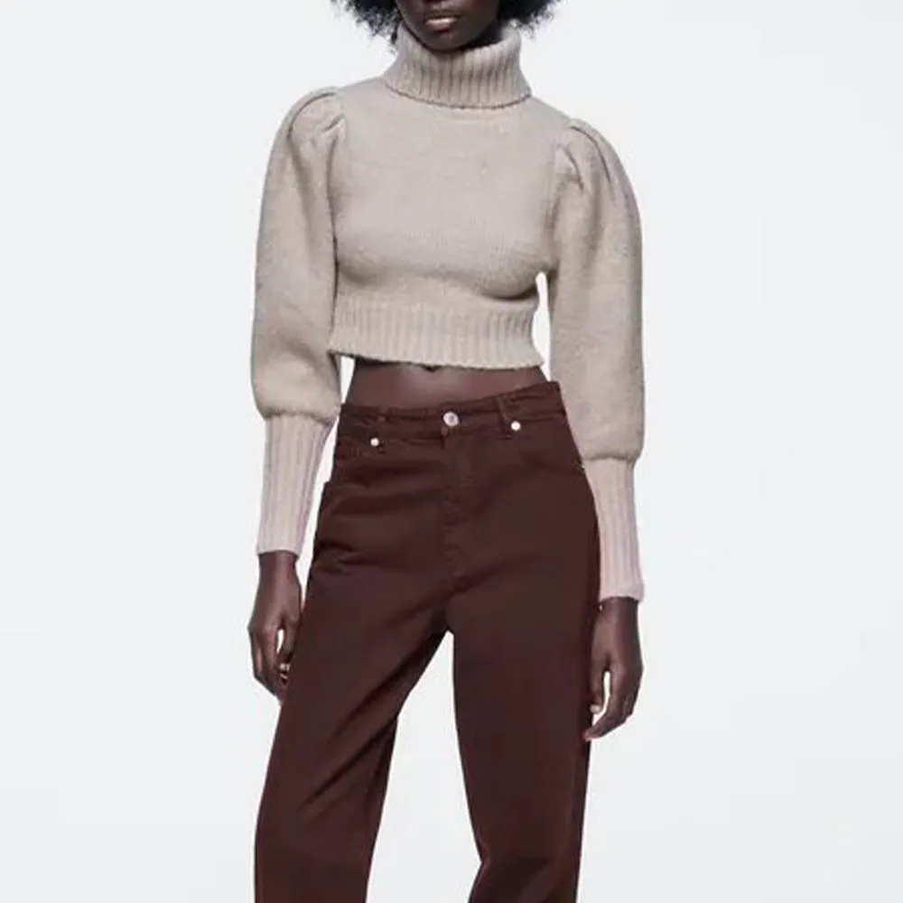 

Женский короткий вязаный свитер Za, повседневная шикарная блузка с высоким воротником и рукавами-фонариками, Осень-зима 2021