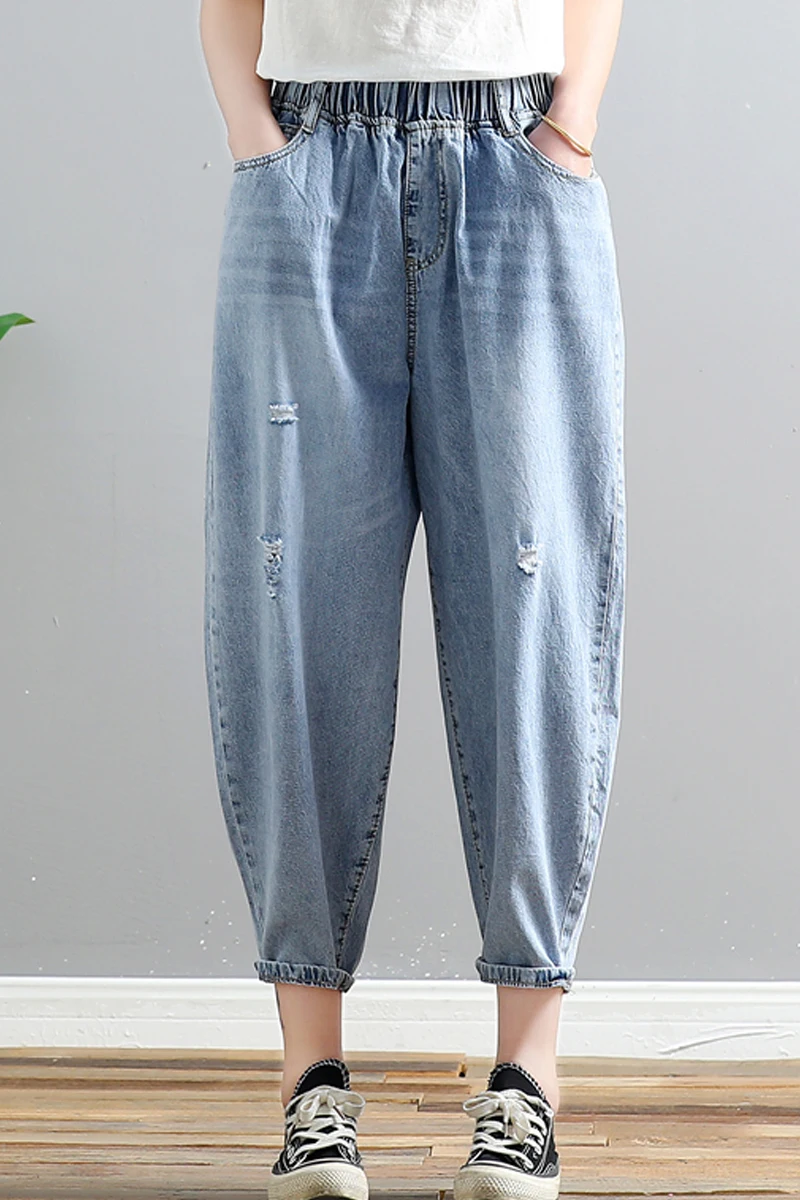 

Jeans Women Harem-Pants Denim Trousers Loose Ripped Vintage Bleached High-Waist Femme Plus-Size DM001