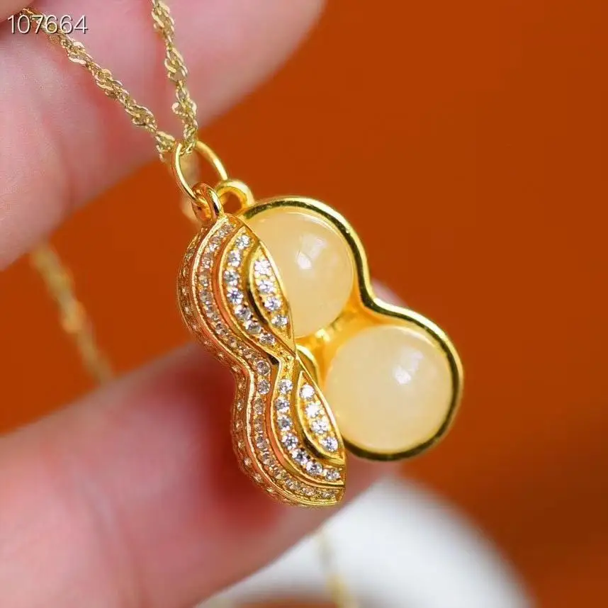 

S925 Sterling Silver Hetian Jade Peanut Necklace Silver Diamond-Embedded High-Rise Pendant Peanut Clavicle Chain Pendant New Pro