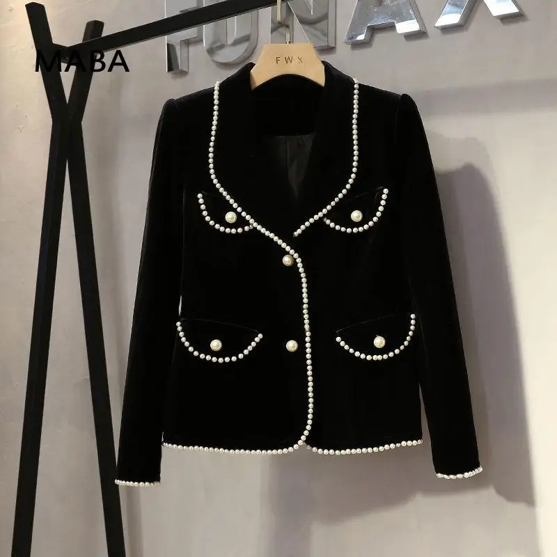 

Женское бархатное пальто с отложным воротником, черная короткая куртка с длинным рукавом и бусинами в стиле ретро, Осень-зима 2021