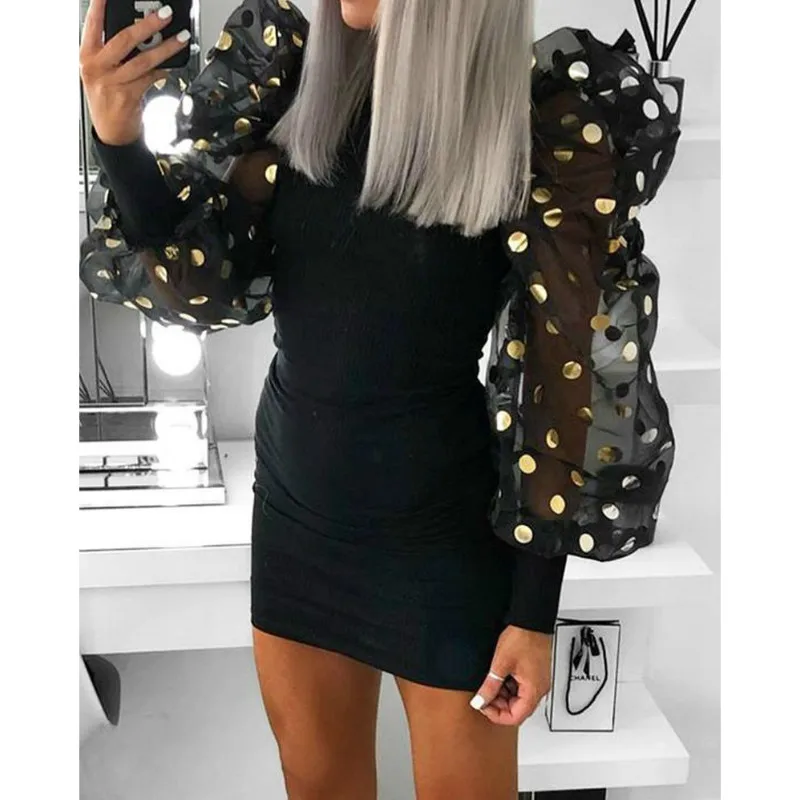 Женское облегающее Сетчатое платье с пышными рукавами вечерние футболки