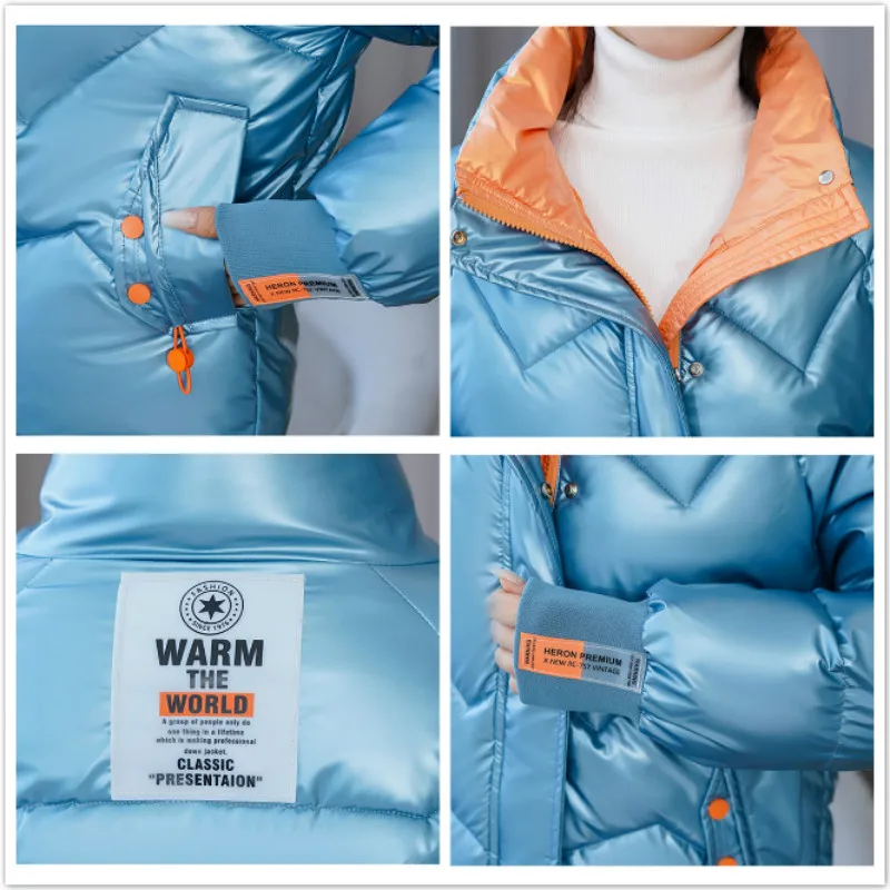 

FORERUN Long Coat Women Winter Puffer Jackets Fashion Stand Collar Glossy Windproof Warm Patchwork Casaco Feminino Inverno 3XL