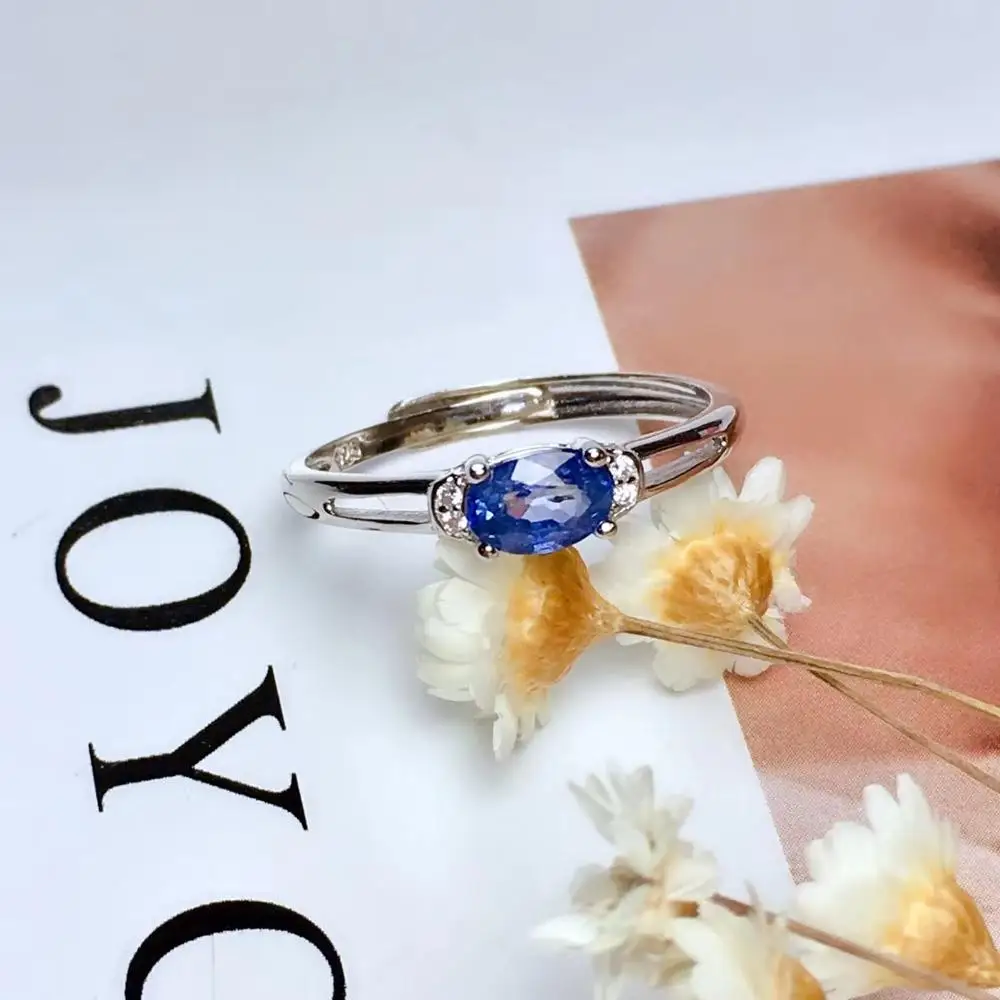 Элегантный Простой вилка круглый натуральный голубой сапфир кольцо с камнем S925