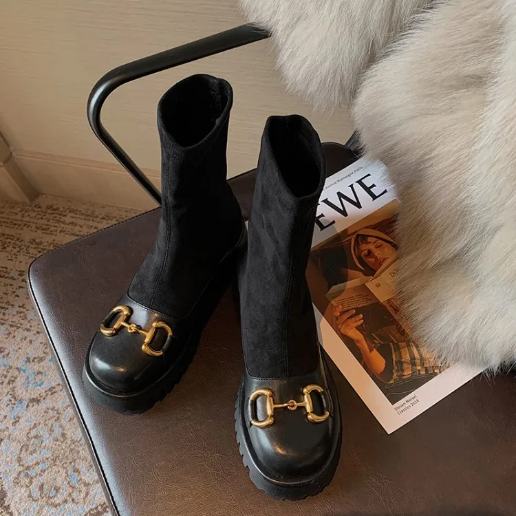 Реальные фотографии Женские черные кожаные короткие ботинки Эластичные носки с