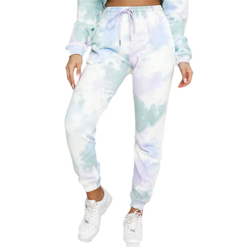 2 Pieces Suit Set Women’ s Tie-Dye Print Round Neck Long Sleeve Crop Top+ Trousers S/M/L/XL/XXL |