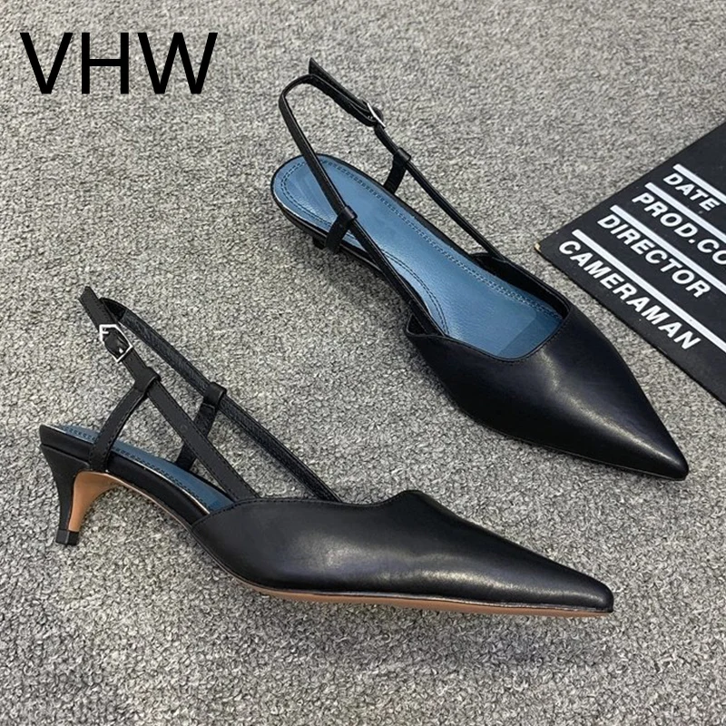 

Women Sandals 2021 Summer Elegant Black Pumps Office Work Shoes Thin Heels Ankle Buckle Strap Leather Lady Pointed Toe Sandals