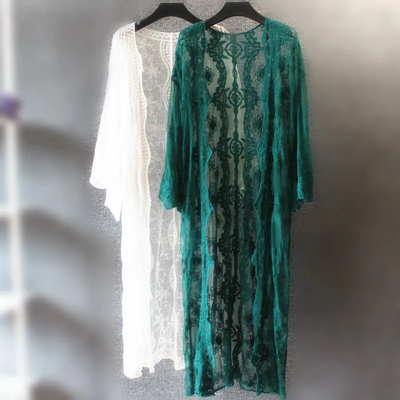 Женский пляжный кардиган с длинным рукавом Зеленые Изумрудные кружевные кимоно