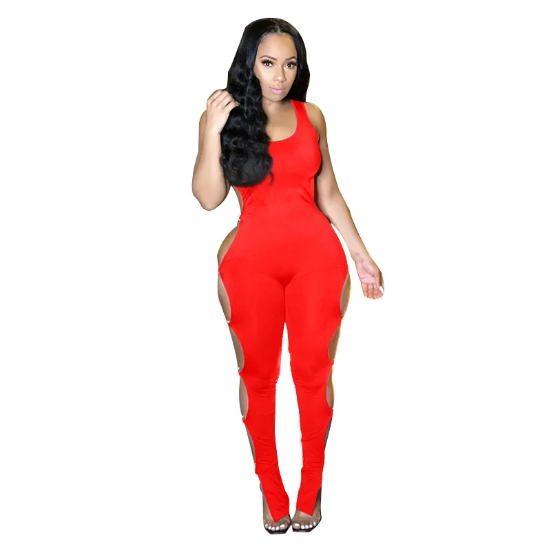

Plus Size 4XL Women Jumpsuits Side Metal Ring Hollow Out Sexy Skinny One Piece Romper Summer 2021 Ladies Bodycon Jump Suit