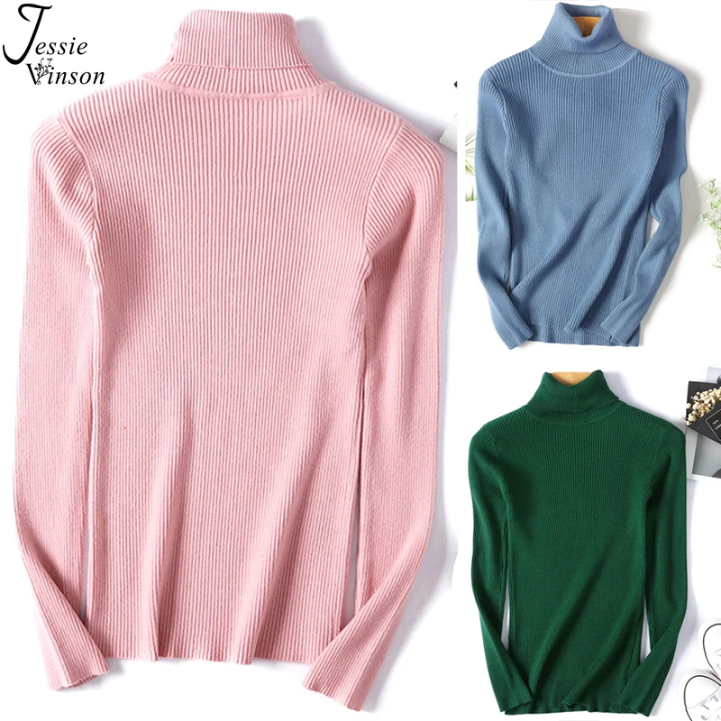 Jessie Vinson Turtleneck Solid Ribbed Sweater Women Korean Style Pullover Jumper Autumn Winter Basic Knitted Tops | Женская одежда