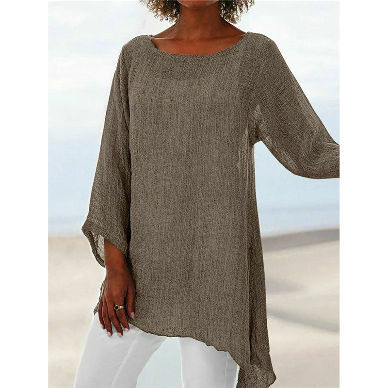 New Fashion Women O Neck Long Sleeve T Shirt Cotton Linen Solid Color Tops Ladies Casual Loose Tee Autumn Plus Size M-3XL | Женская