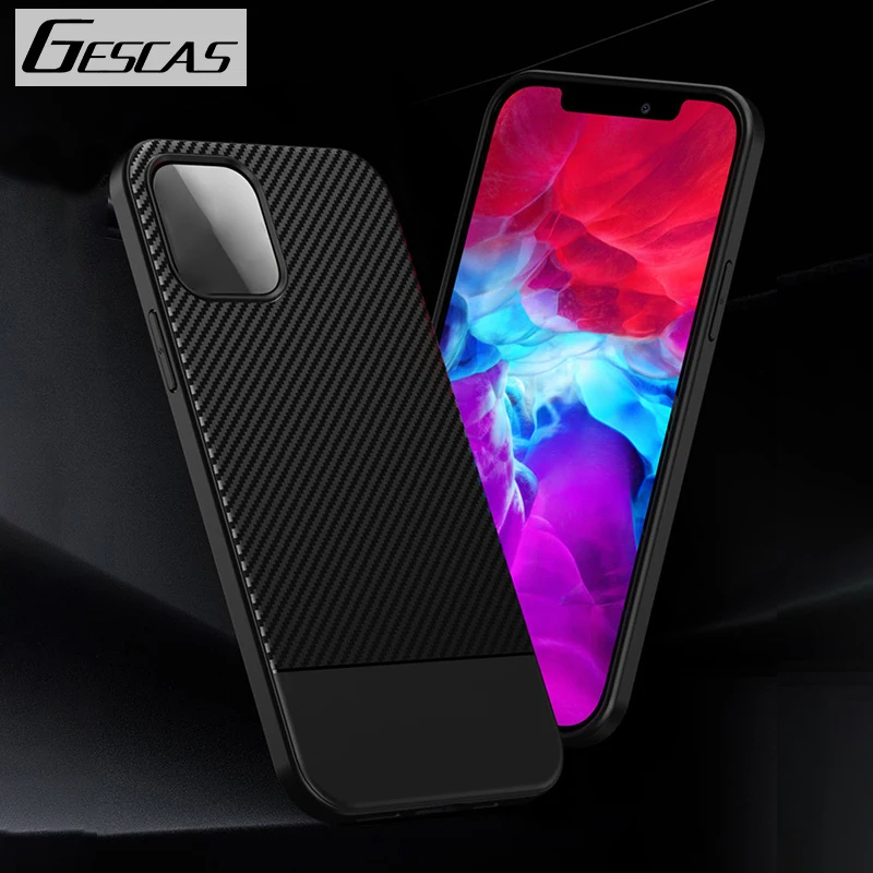 

GESCAS Soft Carbon Fiber Case For IOS Phone 12 Mini Pro Max Cover Shockproof Plain Protection Case Phone Accessories