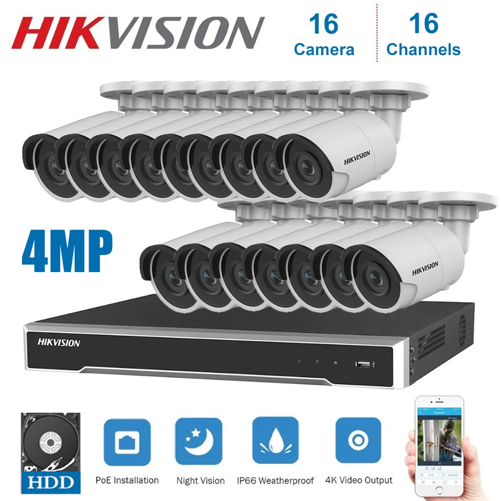 

Камера видеонаблюдения Hikvision, сетевая камера безопасности с функцией ночного видения, 16 каналов, 4K, Poe, NVR, 16 шт.