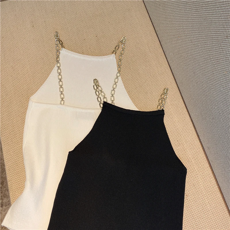 

2020 Summer New Camisole Shirt Sexy Ladies Sleeveless Rhinestone Halter Knitted Vest Tube Top Knitwear Female Party