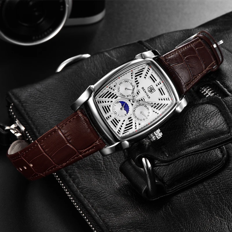 

Chronograph Men's Watches Classic Rectangle Waterproof Leather Quartz Men Watch Luxury Fashion Sport relogios masculinos