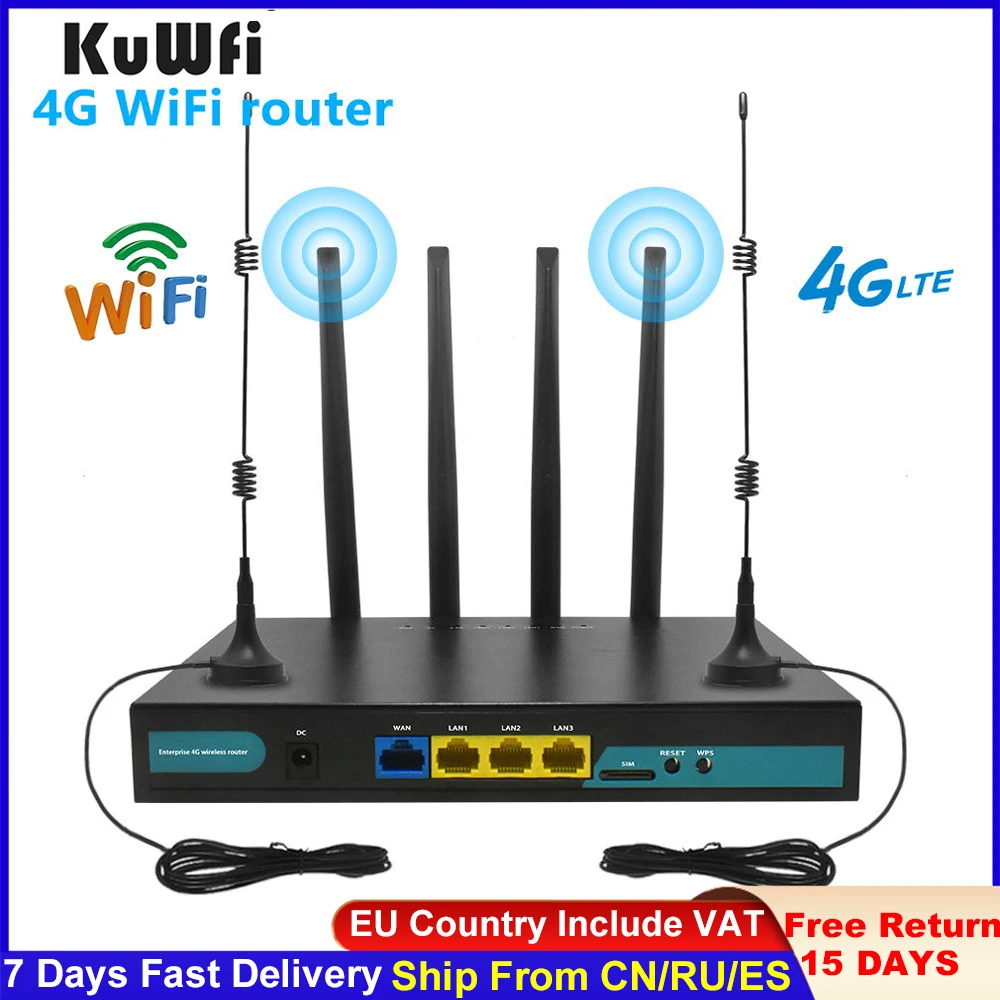 Kuwfi 4g Lte Roteador Wifi 3g4g Cartão Sim Roteador Cat4 150 Mbps Industrial Cpe 32 Usuários Wi-fi Rj45 Antenas Externas Pcs Roteadores sem fio