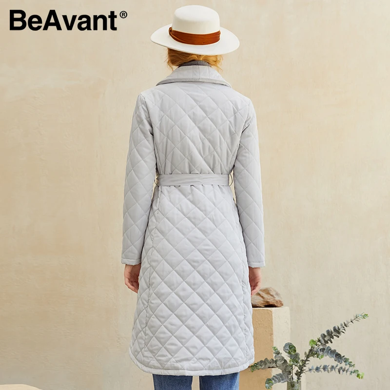 

BeAvant Chic diamond pattern waist band women down jack V-neck forward-backward asymmetric long coat Warm winter coat 2020 new